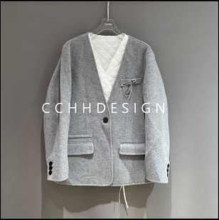 欧货翻领系扣拼接长袖 新款 设计感简约小众外套 2025冬季 欧洲站女装