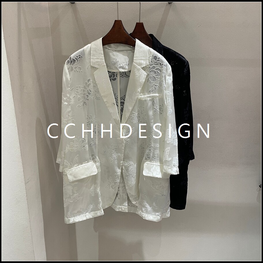 欧洲站女装2026夏季新款西装外套女七分袖一粒扣透视垂感衬衫上衣