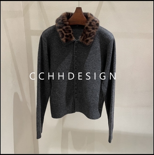 欧洲站女装2025冬季新款欧货休闲百搭豹纹翻领时尚短款针织衫毛衣