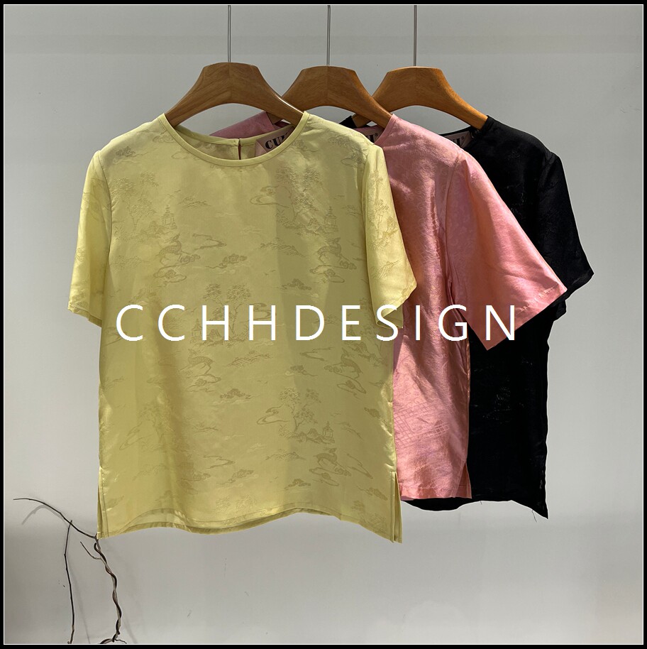 欧洲站女装2026夏季新款真丝提花短袖T恤百搭圆领高级感气质显瘦