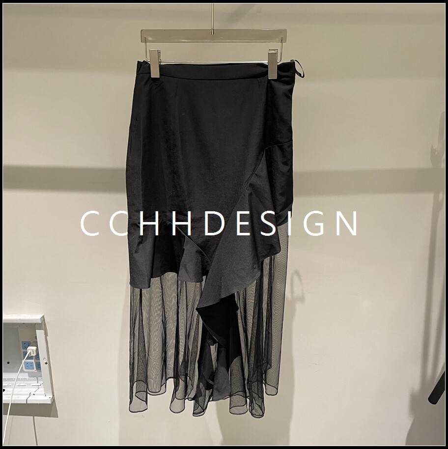 欧洲站女装2026夏季新款设计感不规则网纱拼接半身裙高腰显瘦透视