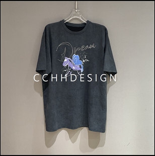 卡通印花短袖 新款 T恤女宽松做旧水洗 2026春季 欧洲站女装