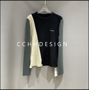 高级感显瘦长袖 欧洲站女装 休闲百搭圆领拼色修身 新款 T恤 2025冬季