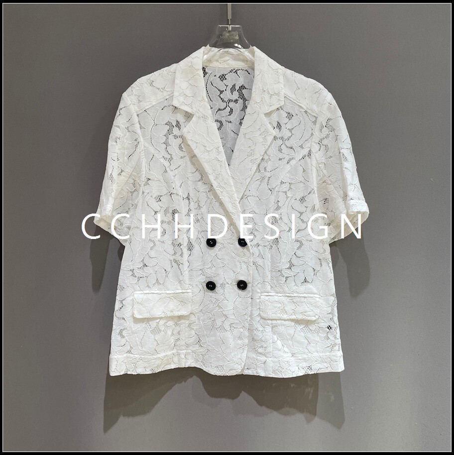 欧洲站女装2026夏季新款蕾丝风短袖西装外套女双排扣透视蕾丝