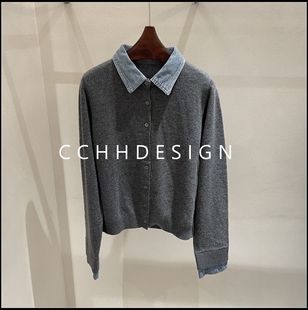 欧洲站女装2025冬季新款时尚洋气假两件拼色翻领宽松长袖针织开衫