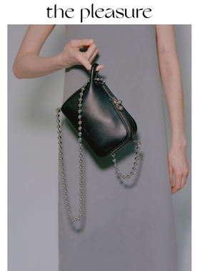 thepleasure【明星同款】外带餐盒包新款珠链简约牛剖层斜挎方包