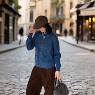 2025秋冬女青果领开衫长袖修身针织外套法式复古绞花毛衣气质上衣