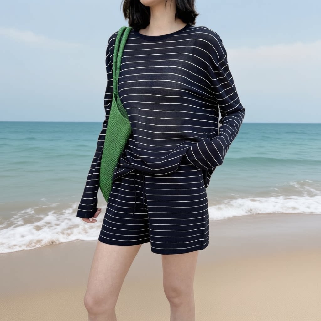 26春夏女简约细条纹长袖上衣醋酸薄款针织衫圆领慵懒休闲防晒T恤