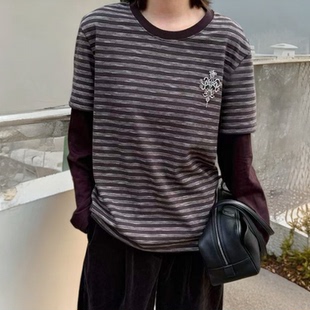 25秋冬女条纹拼接长袖T恤圆领钉珠假两件上衣宽松休闲厚款长T
