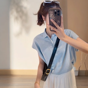休闲简约气质polo领T恤百搭 2025新款 套头款 女极简翻领短袖 针织衫