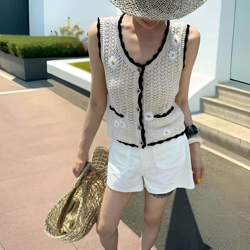 春夏法式小雏菊手工勾花针织马甲