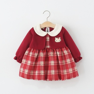 女童长袖连衣裙春秋季儿童女宝宝娃娃领格纹花苞公主裙子0一1-3岁