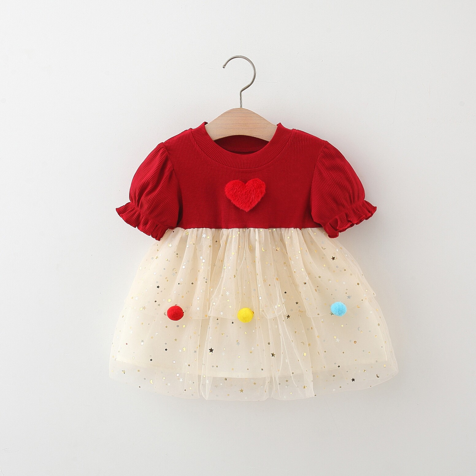 童装女童短袖连衣裙2025新款儿童女宝宝爱心球球网纱公主裙子洋气