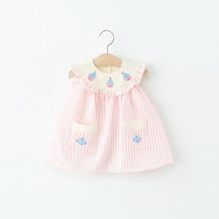 婴儿童女宝宝围兜领条纹公主裙子洋气小童夏装 女童无袖 连衣裙夏季