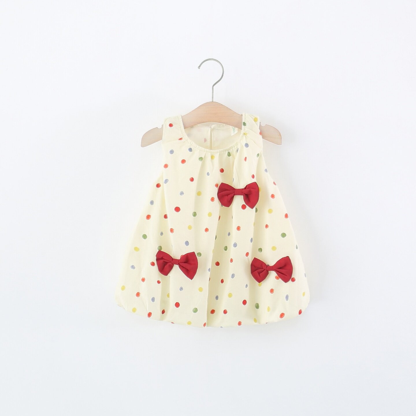 女童无袖连衣裙夏季婴儿童女宝宝彩色圆点蝴蝶结花苞公主裙子洋气