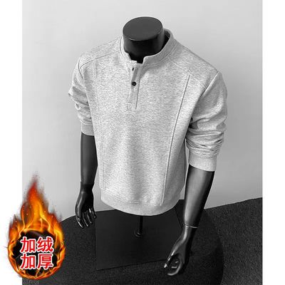 加绒亨利领长袖polo衫男款美式解构拼接正肩t恤boxy版型内搭卫衣