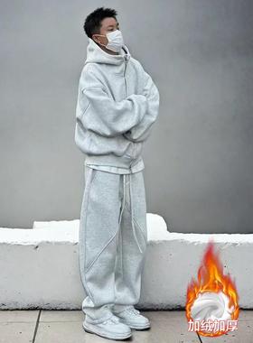 冬季新款男士休闲套装纯色加厚连帽外套纯色掐褶宽松弯刀裤两件套