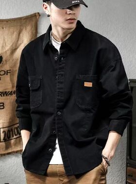 春秋季复古长袖潮牌痞帅男士口袋装饰休闲日系工装衬衣外套
