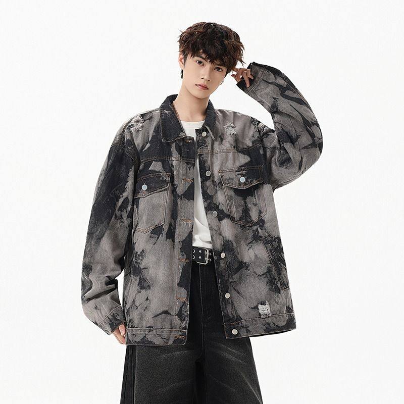 美式复古牛仔外套设计感高街扎染工装夹克ins潮牌宽松炸街上衣