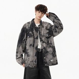 美式 夹克ins潮牌宽松炸街上衣 复古牛仔外套设计感高街扎染工装