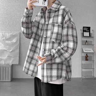 美式复古工装高级感千鸟格红色衬衫外套男款初春秋特大码情侣夹克