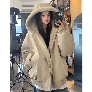 美式复古座山雕短款连帽毛领棉服秋冬新款毛绒绒派克服棉衣外套