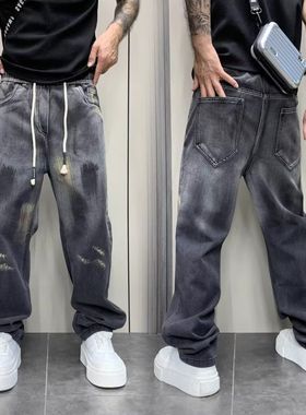 美式高街复古水洗黑弹力小直筒牛仔裤男冬季加绒厚有型显瘦长裤子