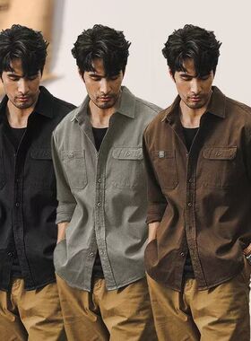 日系工装青年春秋季新款翻领衬衫休闲潮流男士百搭开衫衬衣