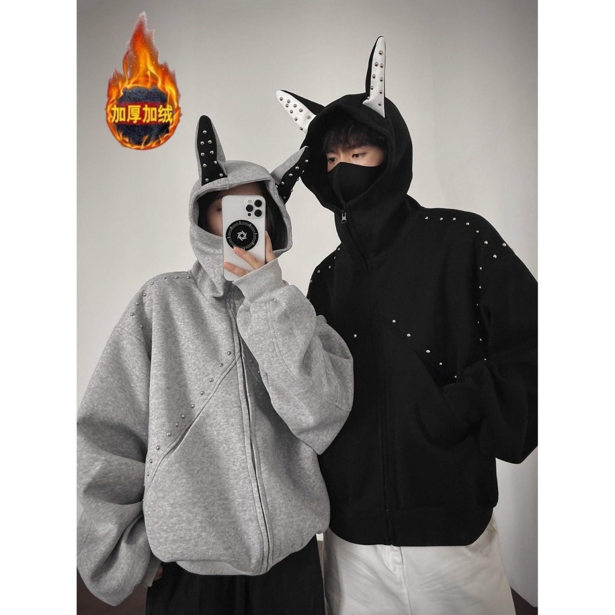 情侣装美式杜宾犬高级感开衫加绒加厚连帽卫衣男铆钉痞帅重磅外套,男装,卫衣,淘宝优惠券,粉丝福利购,淘宝优惠卷