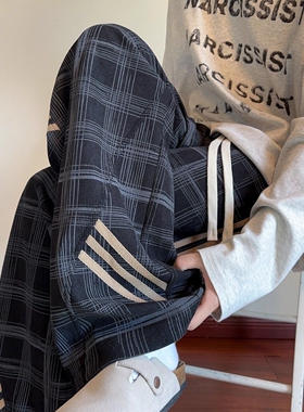 条纹格子裤男春秋美式慵懒风休闲裤子宽松直筒秋冬阔腿运动裤