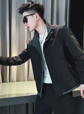 高端男士春秋季外套休闲潮流户外百搭长袖立领撞色痞帅夹克