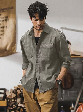 高端男士口袋装饰休闲工装春秋季复古慵懒男装衬衫上衣