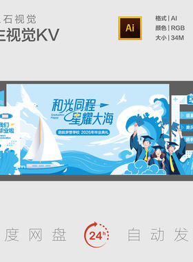 蓝色海浪帆船毕业季美陈乘风破浪中学毕业典礼拍照打卡主视觉KV