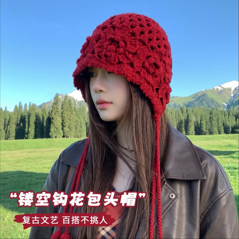 2026新款复古钩花镂空包头帽女红色针织帽长辫子编织毛线帽大头围图片