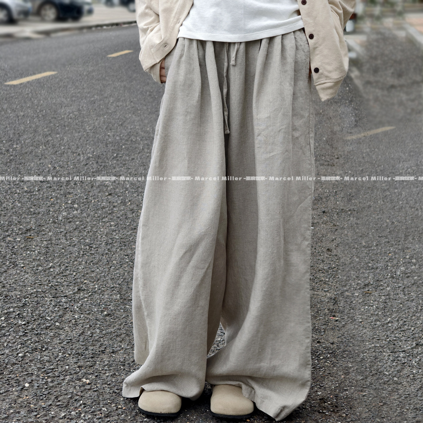 100%汉麻直筒阔腿裤 宽松女士拖地长裤松紧高腰不挑身材 自然随性