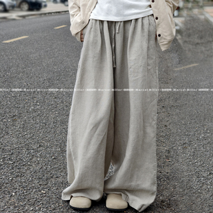 松紧高腰不挑身材 自然随性 宽松女士拖地长裤 100%汉麻直筒阔腿裤