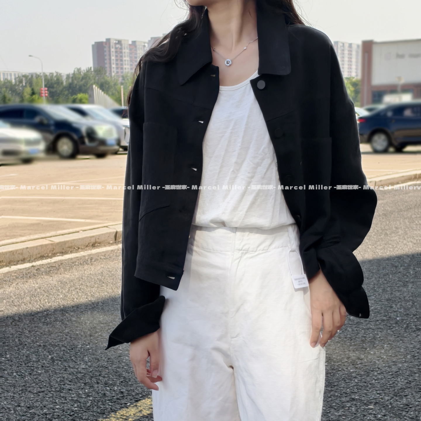 汉麻黑色短外套女 水洗软糯利落翻领亚麻夹克 春秋季通勤休闲上衣