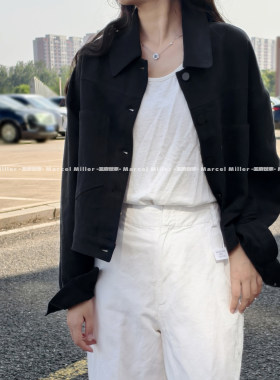 汉麻黑色短外套女 水洗软糯利落翻领亚麻夹克 春秋季通勤休闲上衣