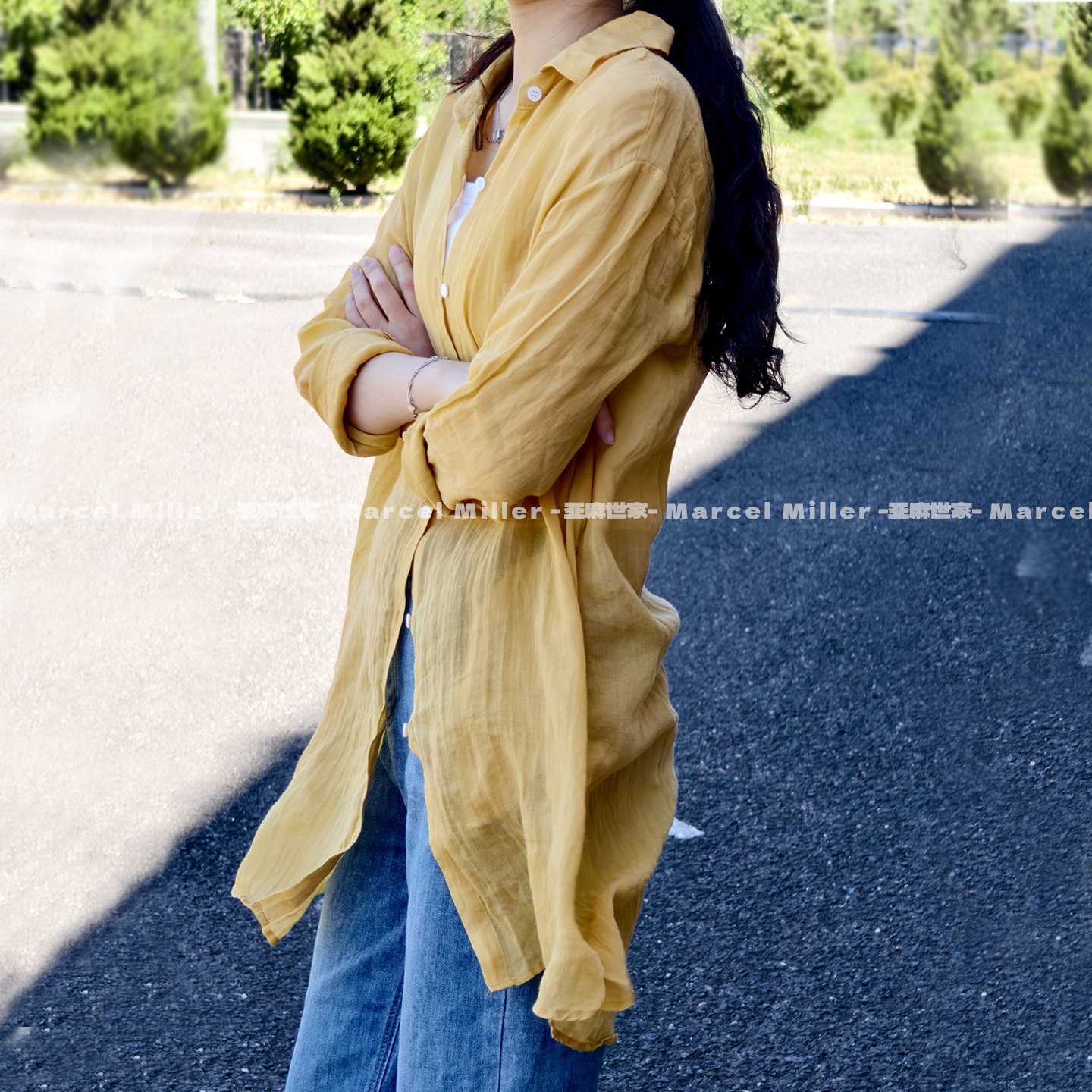 100% 苎麻修身中长款薄衬衫 夏季长袖遮阳防晒外搭上衣松弛感开衫