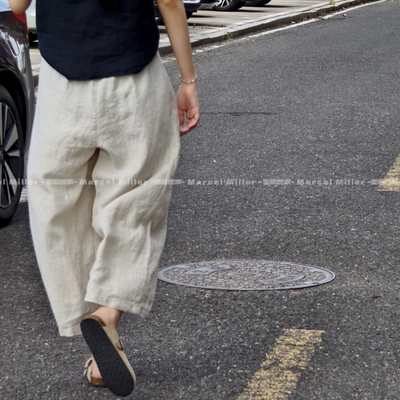 100%亚麻高腰松紧宽松八分阔腿裤