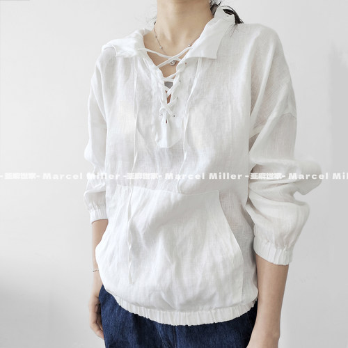 纯亚麻绑带大口袋长袖上衣帽衫