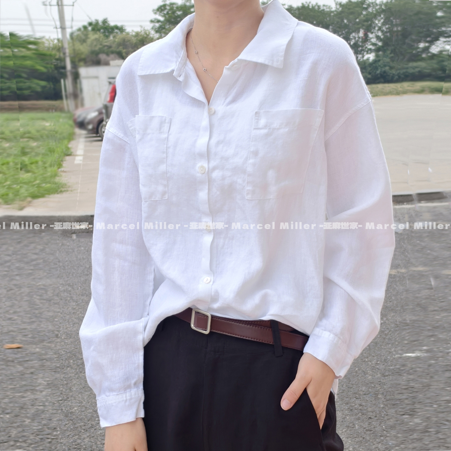 筋骨汉麻女士宽松长袖白衬衫