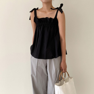 亚麻绑带系结木耳边露肩背心 夏季 窈窕 法国麻纯色荷叶边吊带衫