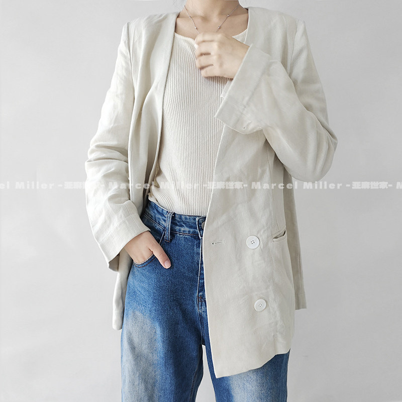 文艺亚麻外套V领西服 小众收腰显瘦修身长袖垫肩中长款西装通勤