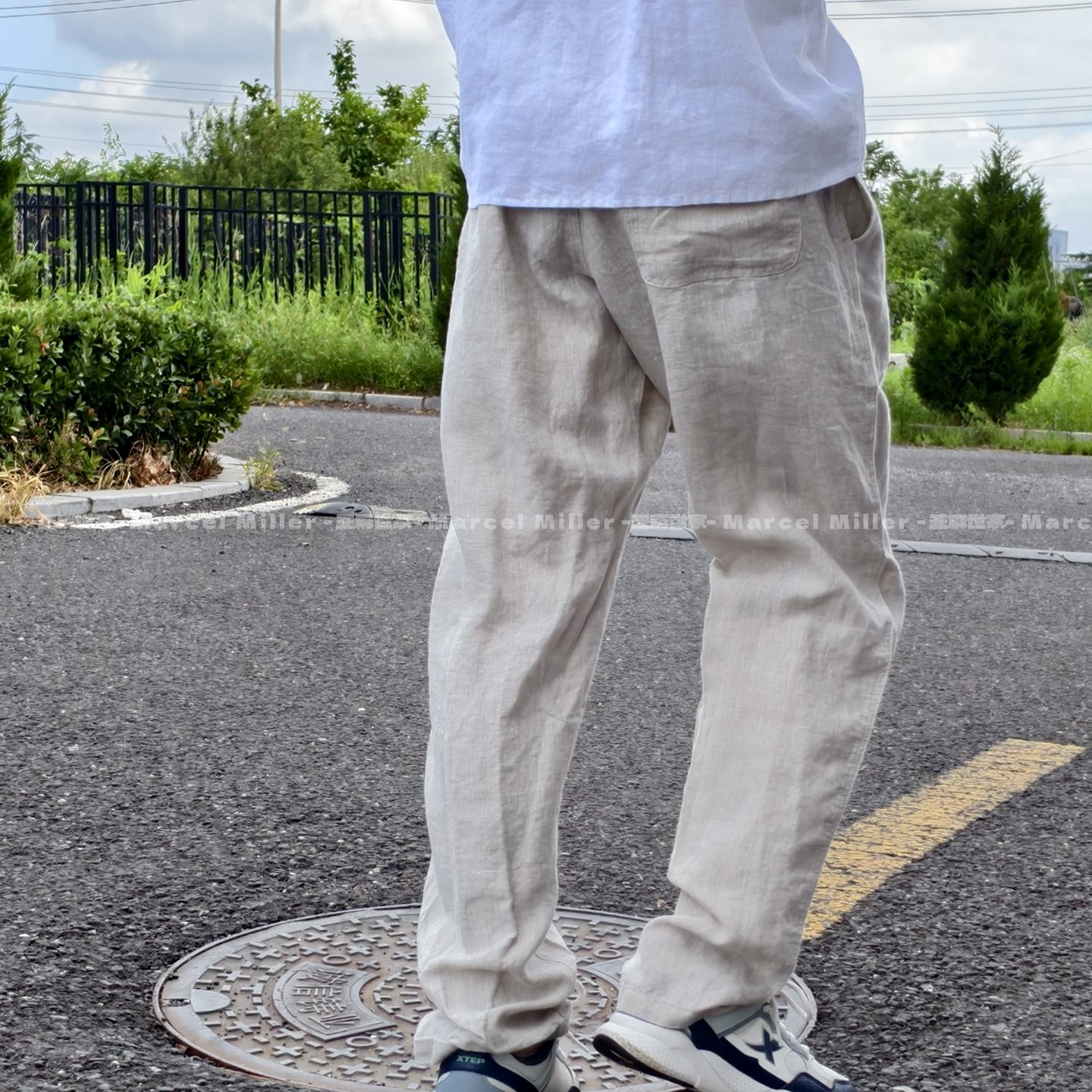 品质汉麻男士长裤松紧腰简约直筒宽松抽绳裤子舒适透气九分休闲裤