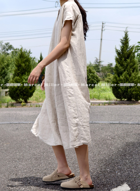 纸片ren 汉麻立领短袖连衣裙文艺宽松简约显瘦大码遮肚子过膝长裙