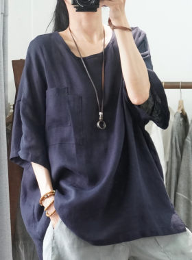 晨语纯亚麻大码宽松短袖衬衫女