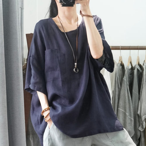 晨语纯亚麻大码宽松短袖衬衫女