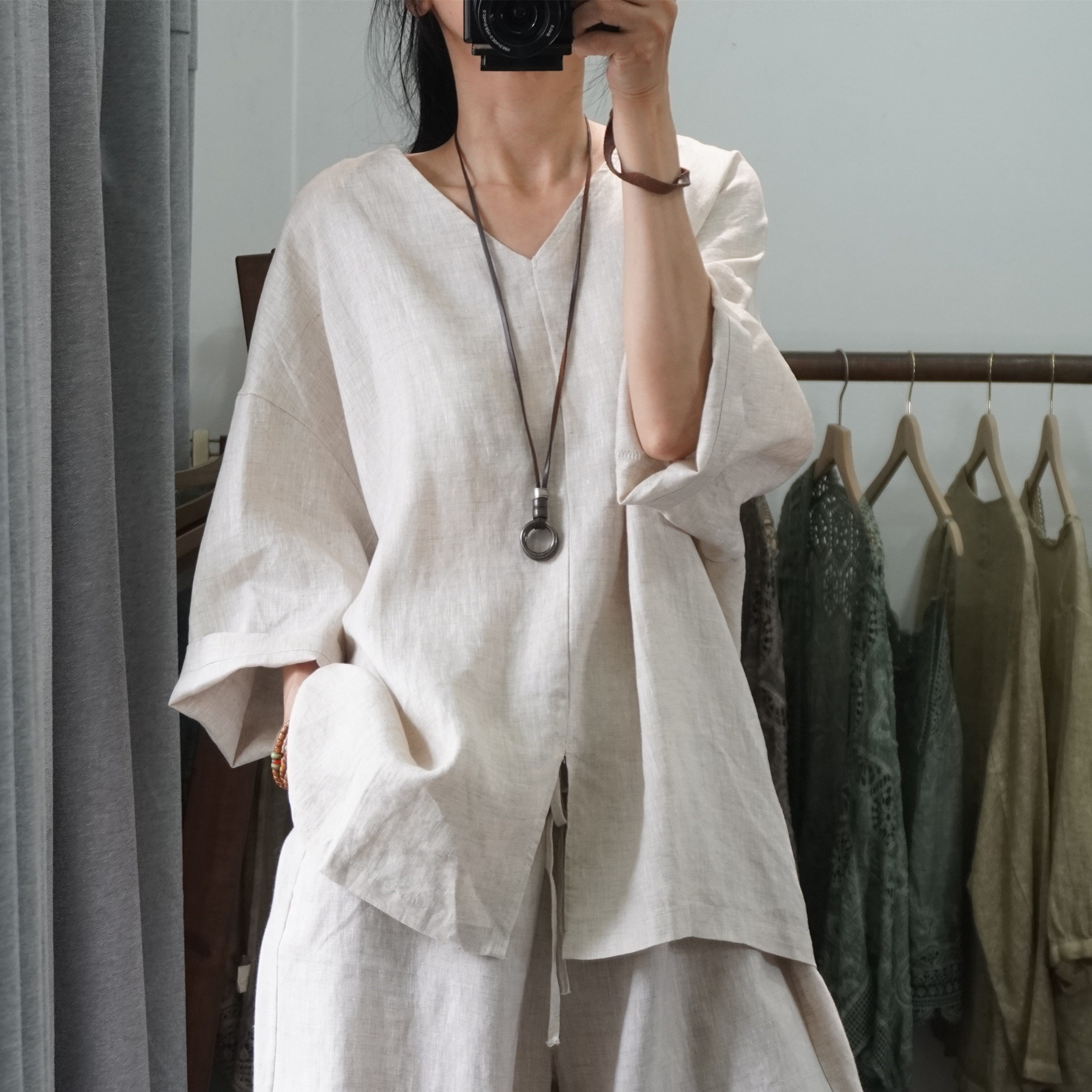 晨语 高品质纯亚麻胖mm大码女装v领显瘦百搭t恤韩版胖人上衣套装