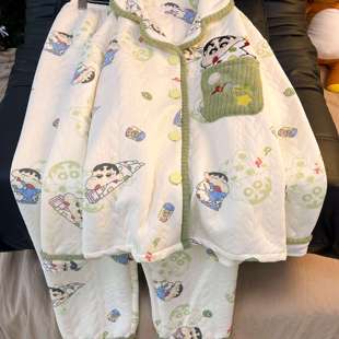 秋冬2025新款 空气棉夹层睡衣女款 蜡笔卡通少女家居服 24H发货